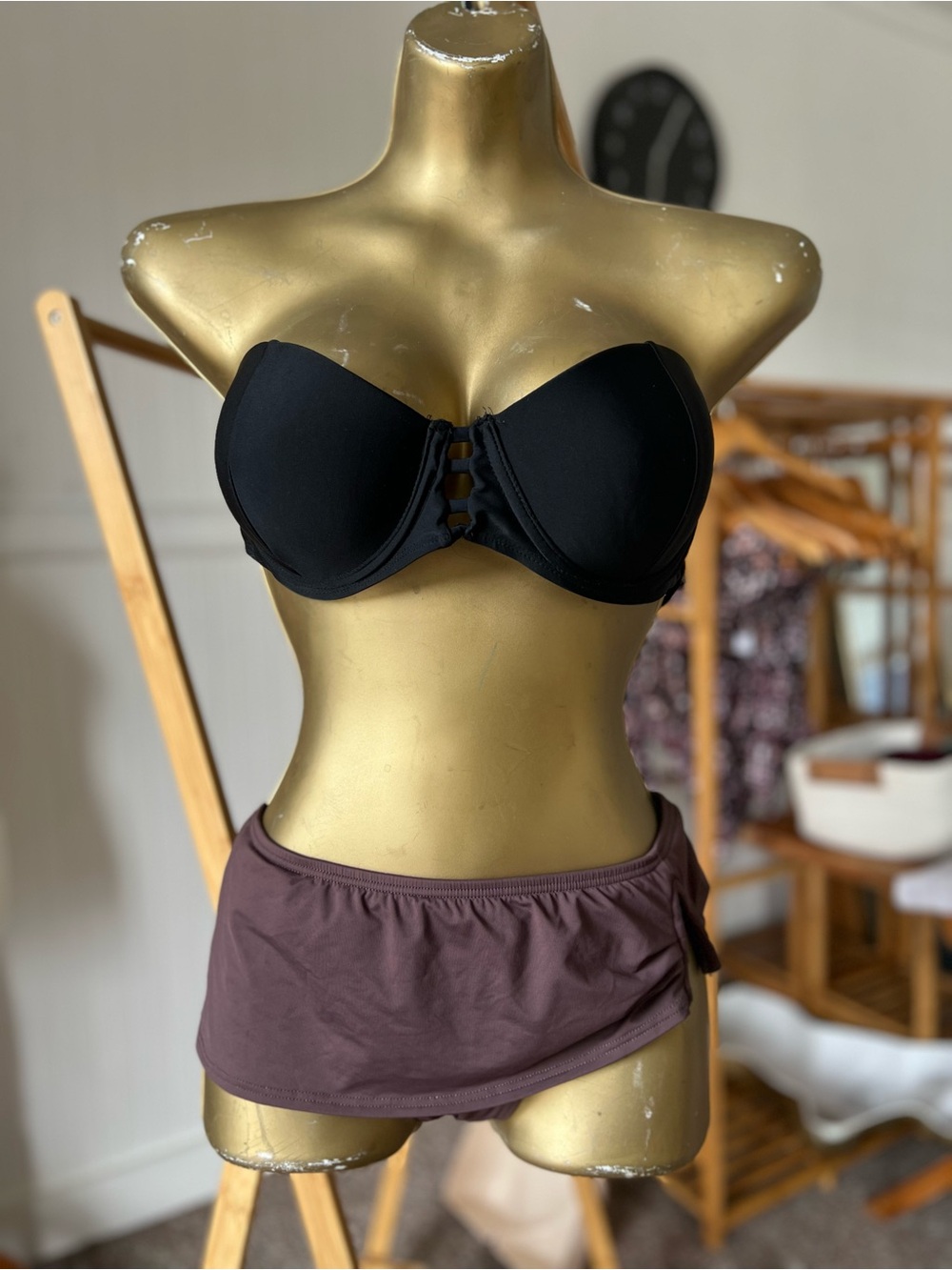 Black TOBI Bandeau Bikini Top L Vince CAMUTO Brown Swim Skirt M BUNDLE